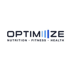Black text logo with blue lines for Optimiiize nutrition, fitness, and health; one of the businesses located at the District on Bernard in Kelowna